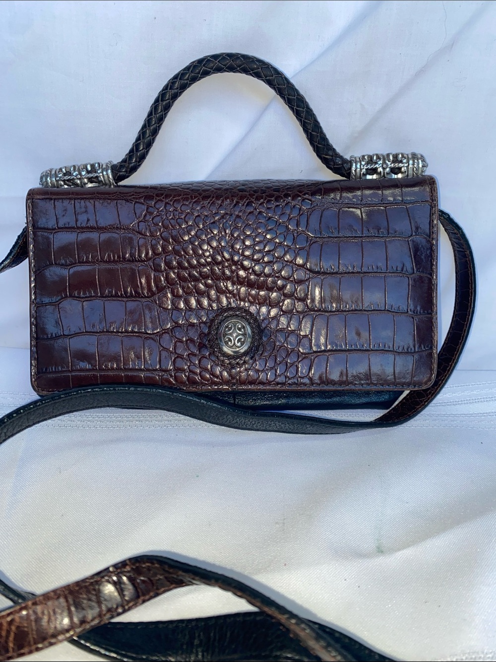 Brighton Black Brown Croc-Embossed Convertible Top Handle Crossbody